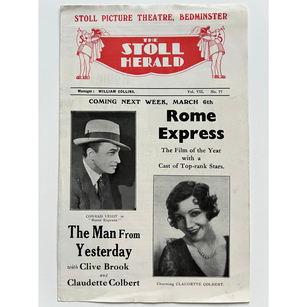 Rare 1932 UK Claudette Colbert and Conrad Veidt Movie Program Bedminster Stoll, Rome Express, The Man from Yesterday, Casablanca