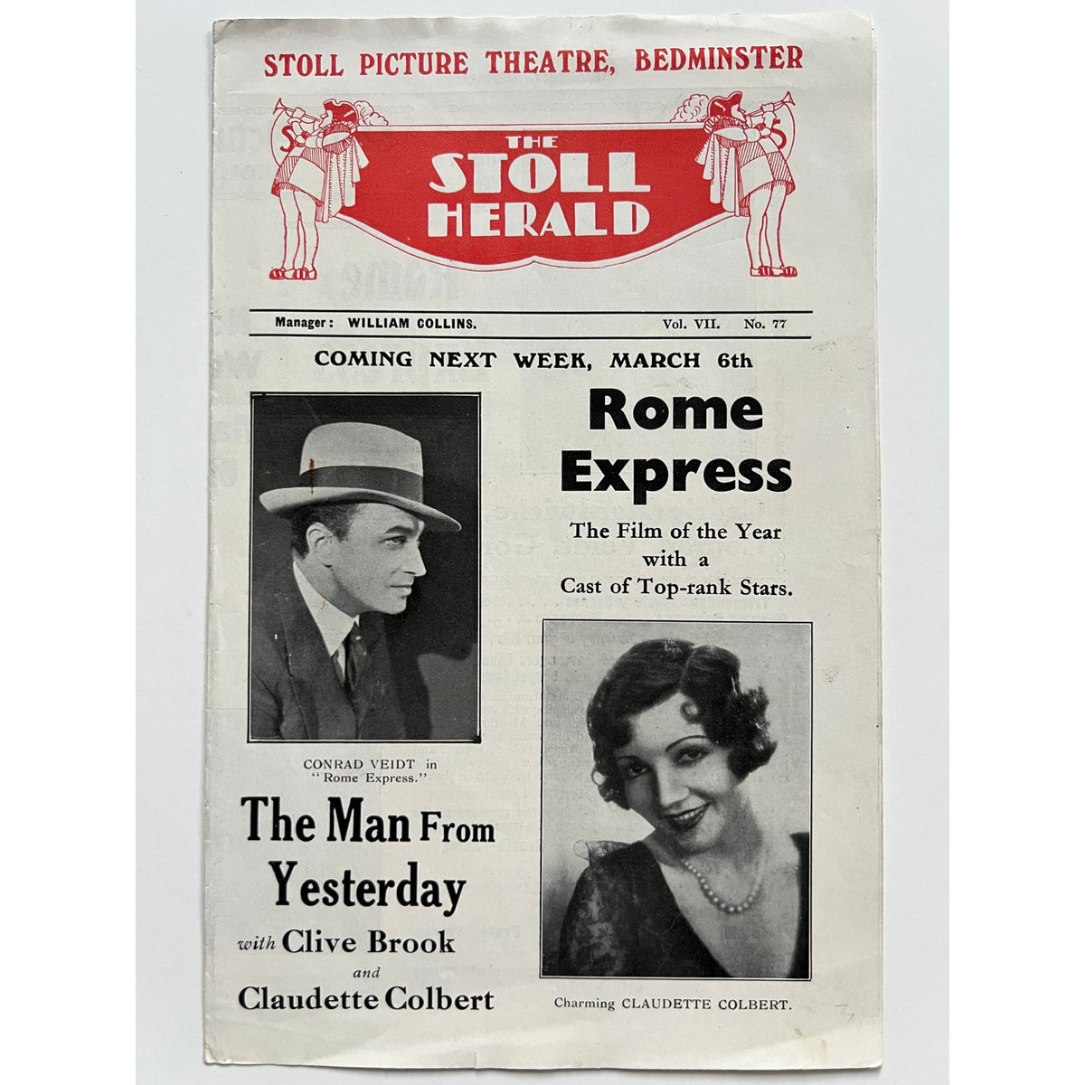 Rare 1932 UK Claudette Colbert and Conrad Veidt Movie Program Bedminster Stoll, Rome Express, The Man from Yesterday, Casablanca
