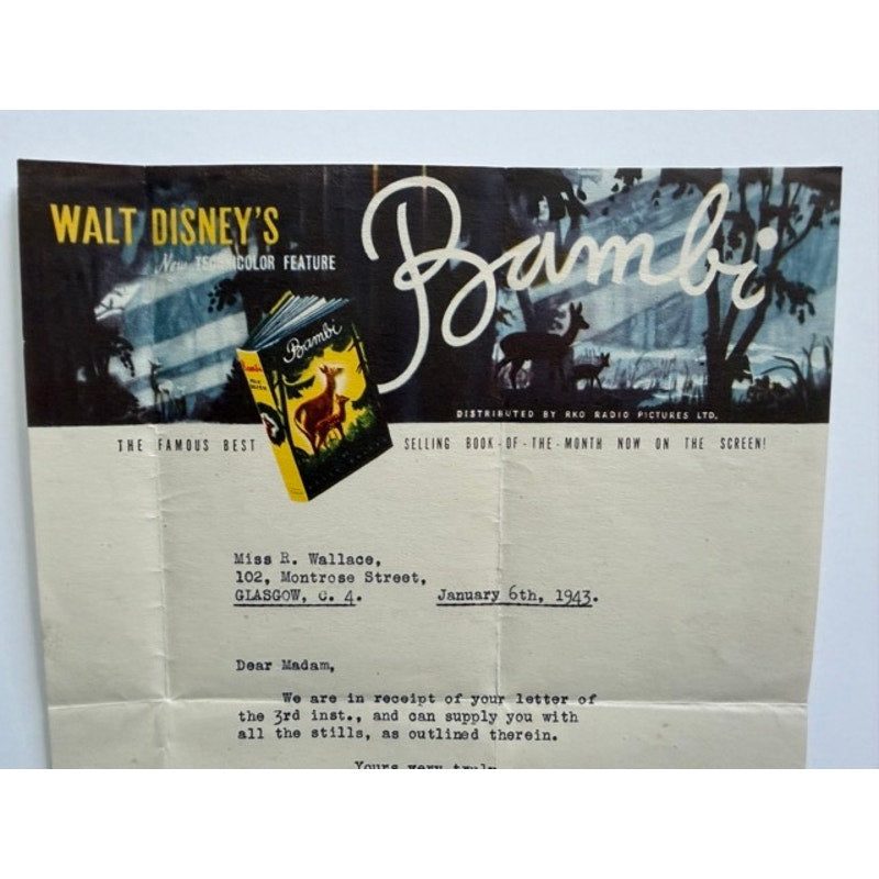 SCARCE 1943 Walt Disney Bambi Signed Letterhead, London RKO, Radio Pictures Limited, Disney, Technicolor, Dean Street, Rare Walt Disney