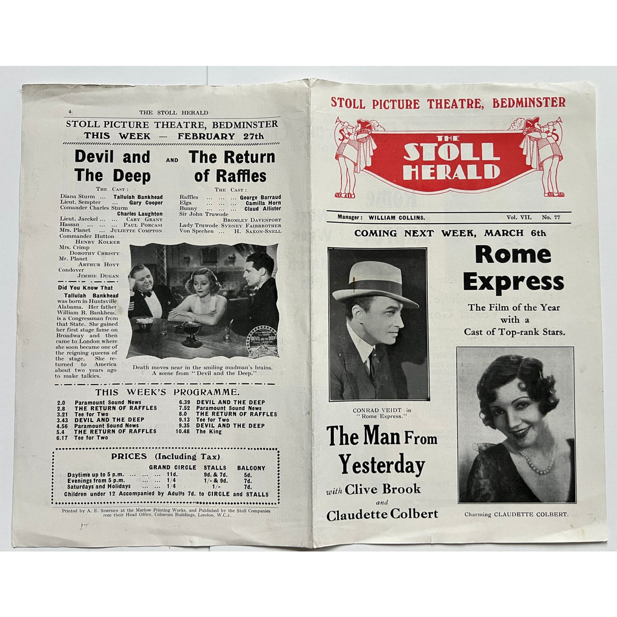Rare 1932 UK Claudette Colbert and Conrad Veidt Movie Program Bedminster Stoll, Rome Express, The Man from Yesterday, Casablanca