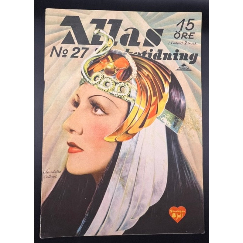 RARE Gorgeous 1934 Swedish Claudette Colbert Cleopatra Magazine Boom Town, Zaza, It Happened One Night, Sign of the Cross, Hollywood