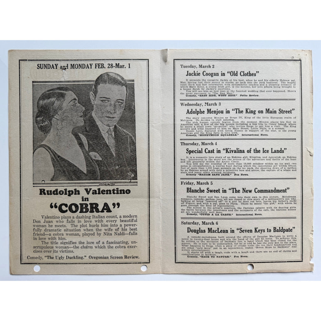 1925 Movie Program Rudolph Valentino Cobra, Circle Theater, Lon Chaney, Swanson, Sheik, Blood and Sand, Eagle Sainted Devil Beyond the Rocks