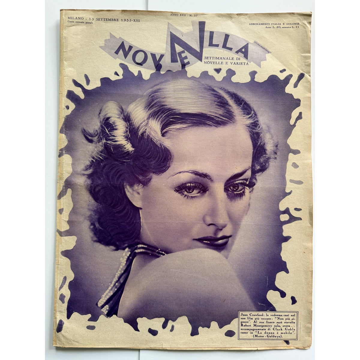 RARE 1935 Italian Joan Crawford Magazine, No More Ladies, Robert Montgomery, Hollywood, Rare Crawford, Grand Hotel, Mildred Pierce, Sadie McKee