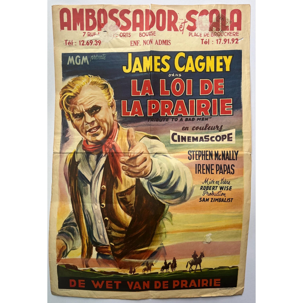 Original 1956 French Window Card from Tribute to a Bad Man Starring James Cagney Western Vintage Movie Poster Jimmy Cagney Hollywood Cowboy