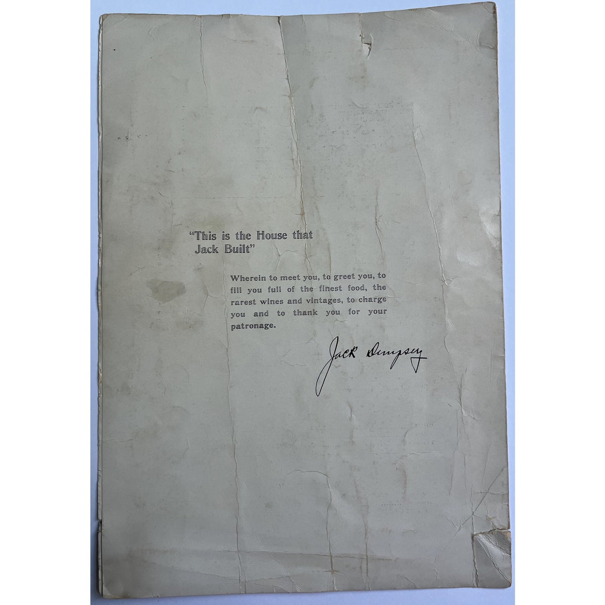 VERY RARE 1935 Jack Dempsey Autographed Dempsey Restaurant Menu 1st Year Opened Dempsey Signed Boxing Heavyweight Champ Champ Manassa Mauler