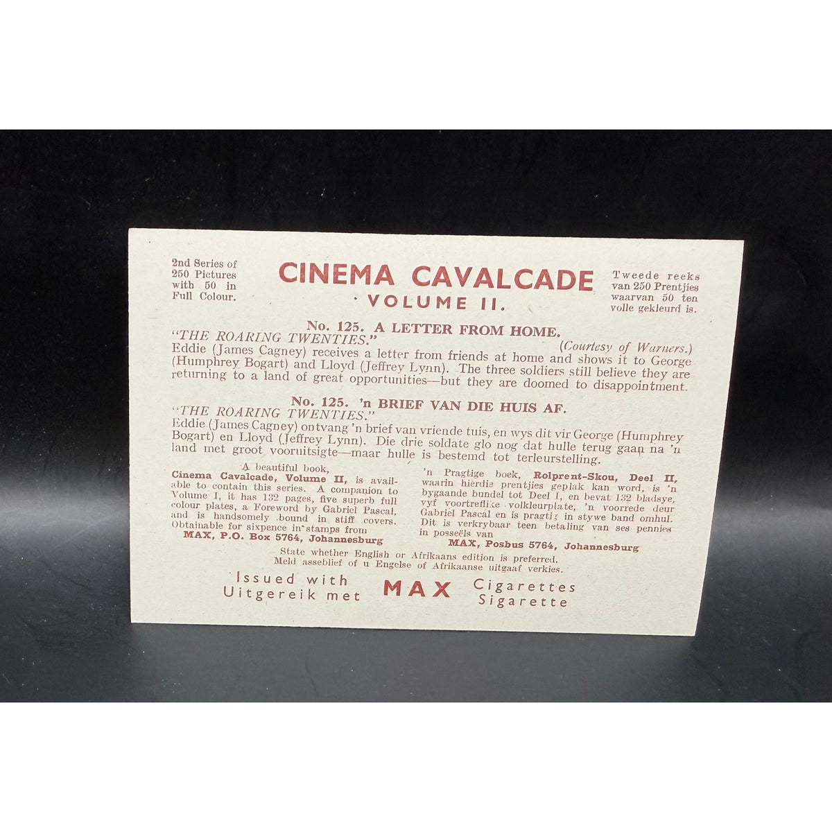 Cinema Cavalcade James Cagney Card Roaring Twenties Yankee Doodle Dandy, Humphrey Bogart, Public Enemy, Picture Snatcher, Key Largo