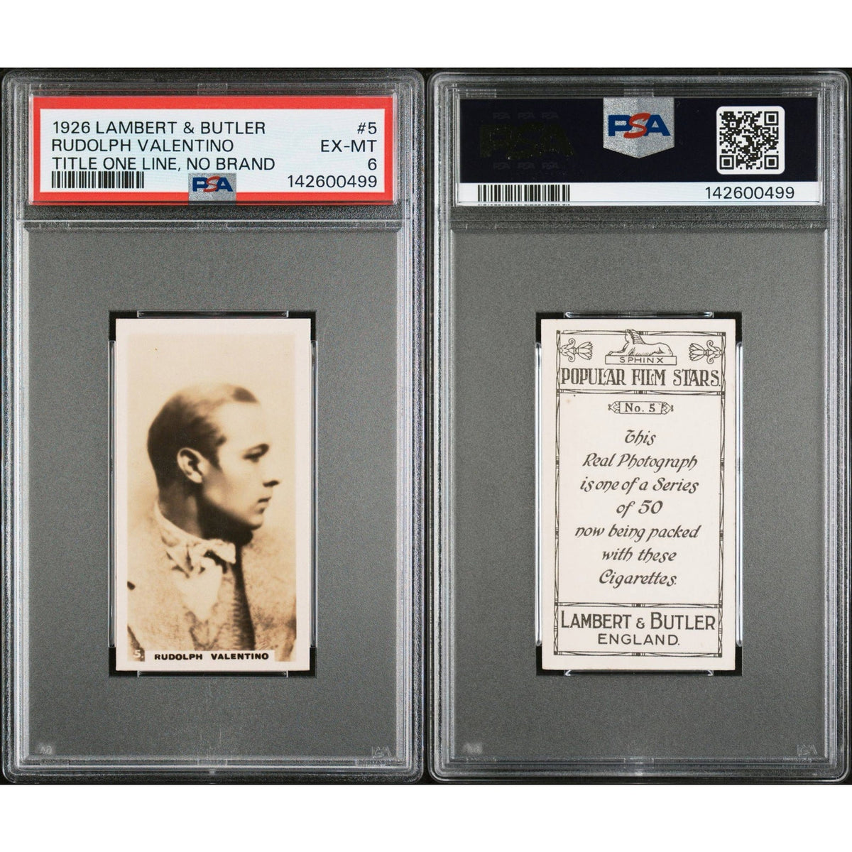 SHARP Lambert & Butler 1926 Rudolph Valentino PSA 6 Popular Film Stars Tobacco, Sheik, Blood and Sand, Cobra, Eagle, Moran of the Lady Letty