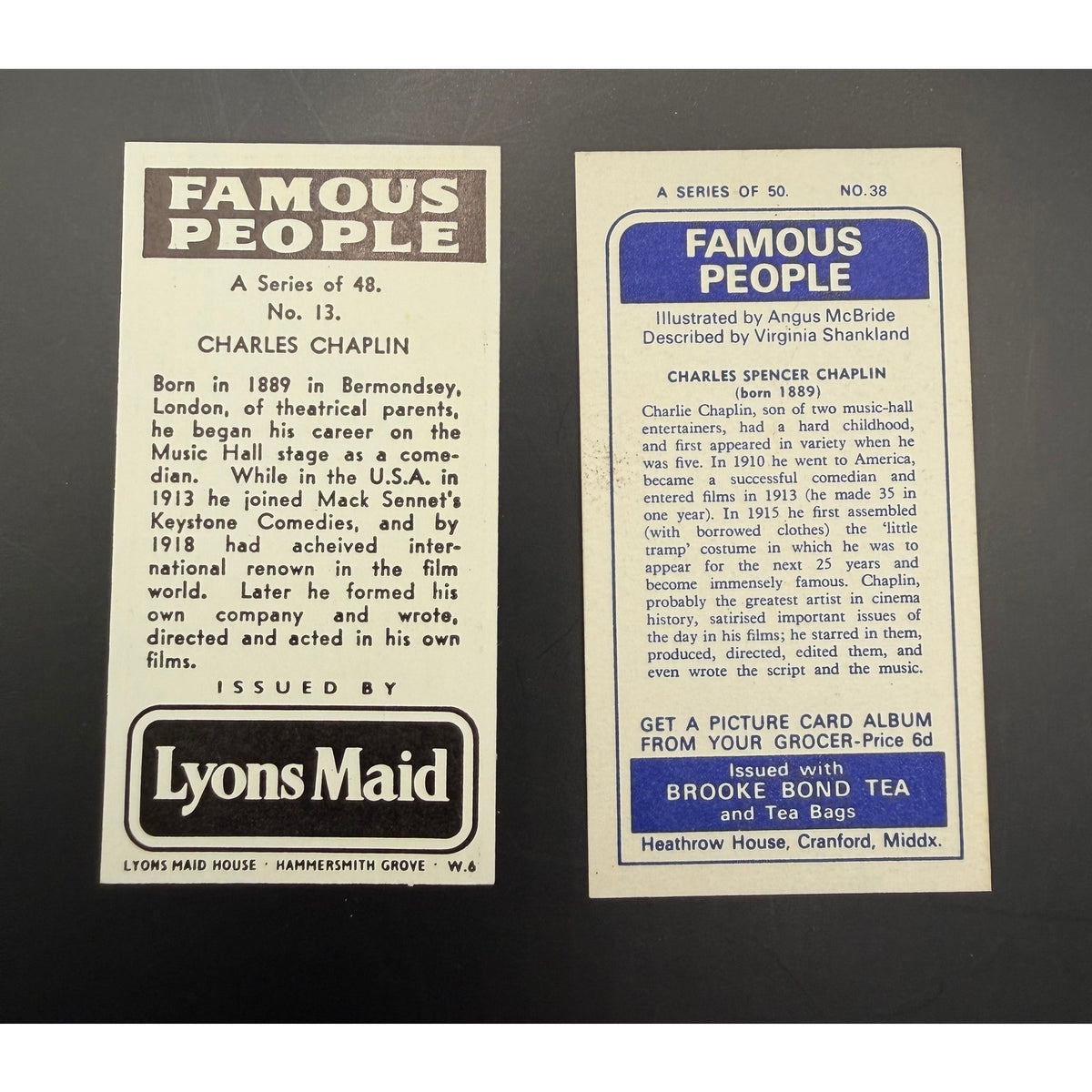 2 Charlie Chaplin Cards Modern Times, The Kid, Monsieur Verdoux, Charles Chaplin, Gold Rush, Pay Day, A Dogs Life, City Lights