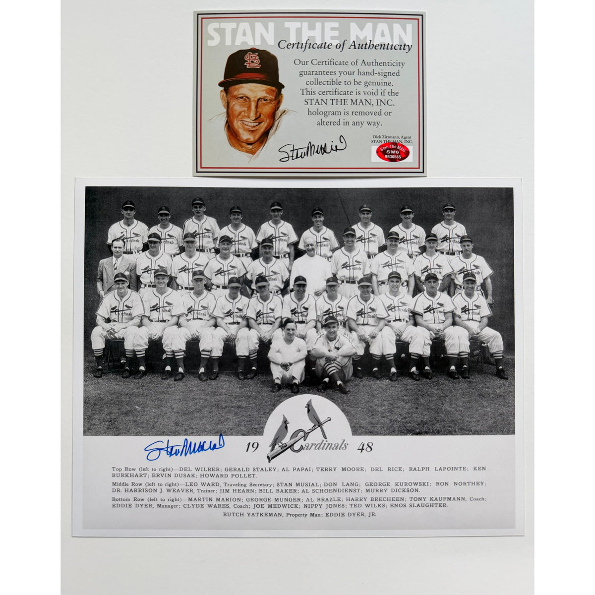 Original 1948 Stan Musial Autograph St. Louis Cardinals Team Photo Musial Rookie, Authenticated by Stan the Man Inc. Schoednienst, Marion