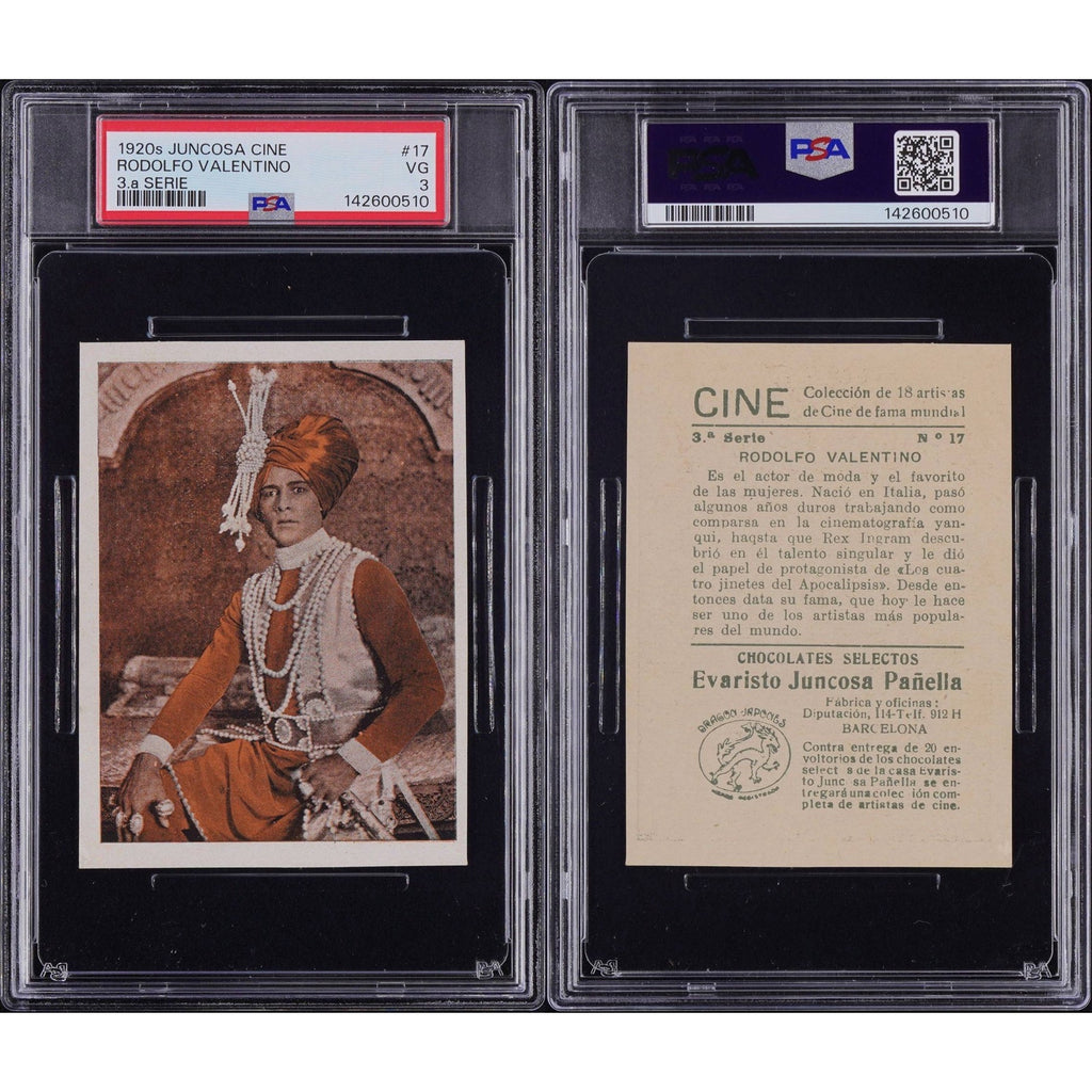 ONLY 1 GRADED 1920s Juncosa Rudolph Valentino Spanish Chocolate Card PSA 3, The Sheik, Blood and Sand, Sainted Devil, Young Rajah, Cobra