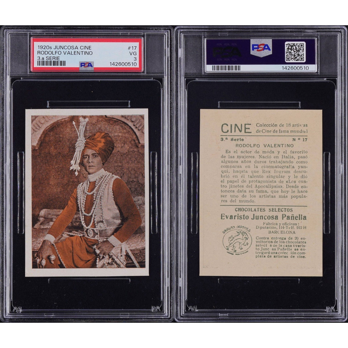 ONLY 1 GRADED 1920s Juncosa Rudolph Valentino Spanish Chocolate Card PSA 3, The Sheik, Blood and Sand, Sainted Devil, Young Rajah, Cobra