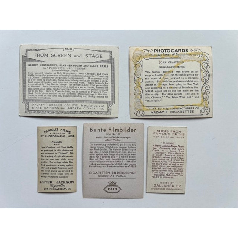 5 RARE 1930s Clark Gable and Joan Crawford Tobacco Cards Ardath, Caid, Hollywood, Sadie McKee, Grand Hotel, Forsaking all Others