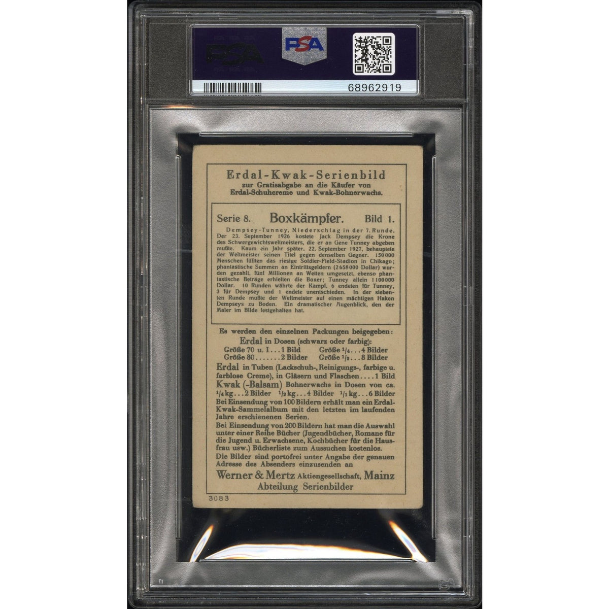 1927 German Werner & Mertz Erdal Jack Dempsey and Gene Tunney PSA 3 Boxing Series 8 Red Text Front Manassa Mauler Fighting Marine