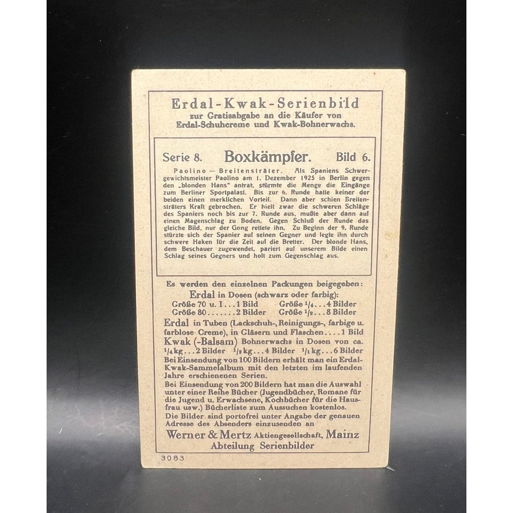 1928 Erdal Kwak Paulino Uzcudun Hans Breitenstrater Boxing Card Blond Hans