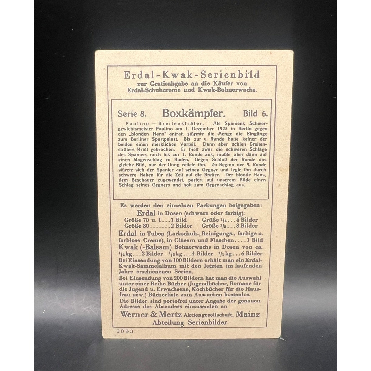 1928 Erdal Kwak Paulino Uzcudun Hans Breitenstrater Boxing Card Blond Hans