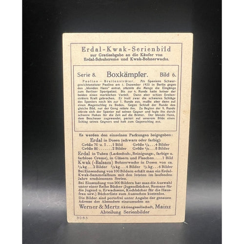 1928 Erdal Kwak Paulino Uzcudun Hans Breitenstrater Boxing Card Blond Hans