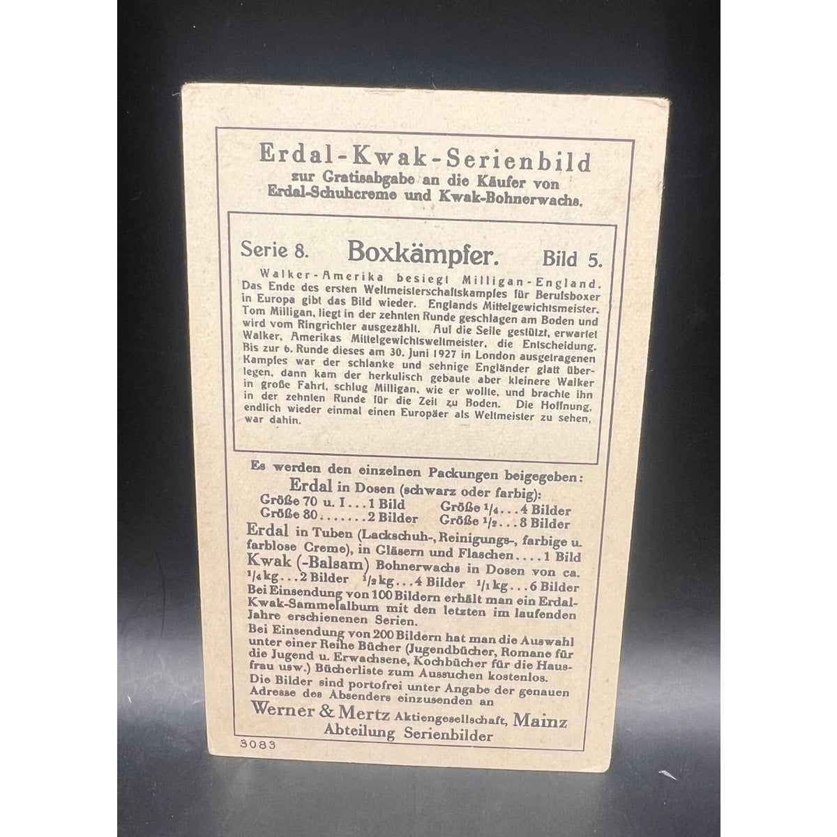 1928 Erdal Kwak Tommy Milligan Mickey Walker Boxing Card Toy Bulldog, World Middleweight Champion