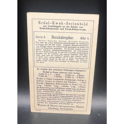 1928 Erdal Kwak Tommy Milligan Mickey Walker Boxing Card Toy Bulldog, World Middleweight Champion