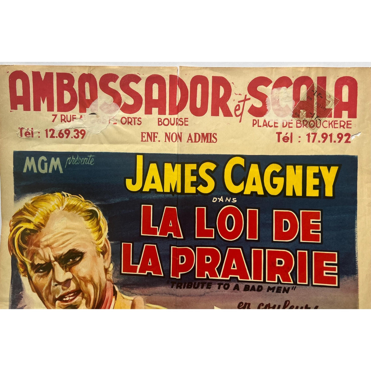 Original 1956 French Window Card from Tribute to a Bad Man Starring James Cagney Western Vintage Movie Poster Jimmy Cagney Hollywood Cowboy