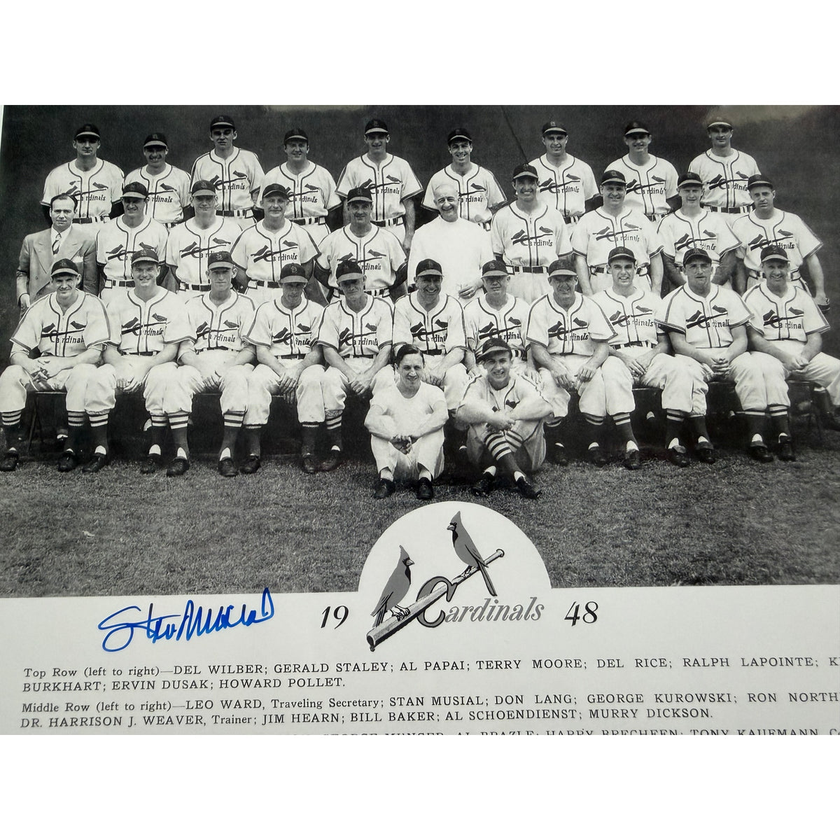 Original 1948 Stan Musial Autograph St. Louis Cardinals Team Photo Musial Rookie, Authenticated by Stan the Man Inc. Schoednienst, Marion