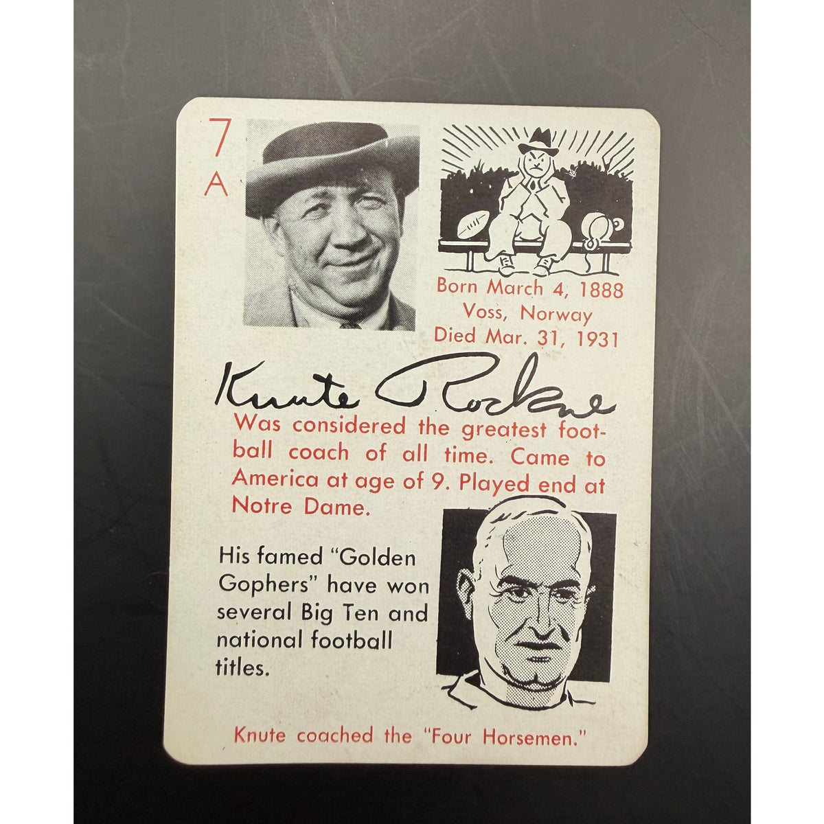 1945 Leister Autograph Game Knute Rockne Card Football Red Grange Four Horsemen