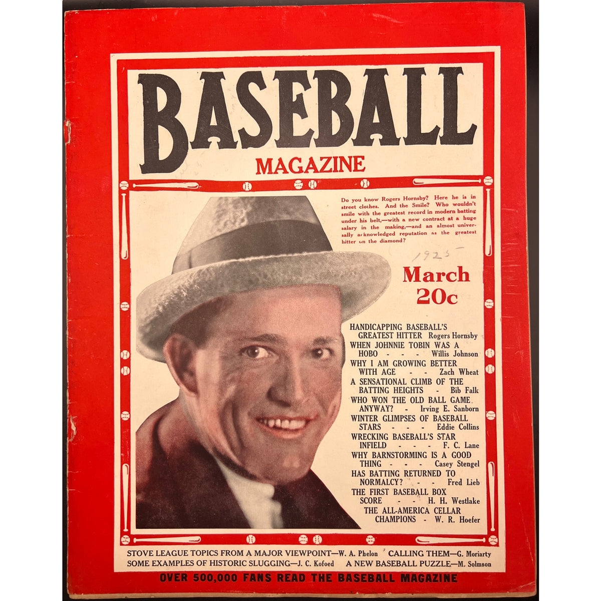 RARE 1925 Baseball Magazine Rogers Hornsby St. Louis Cardinals The Rajah, New York Giants, Chicago Cubs, St Louis Browns