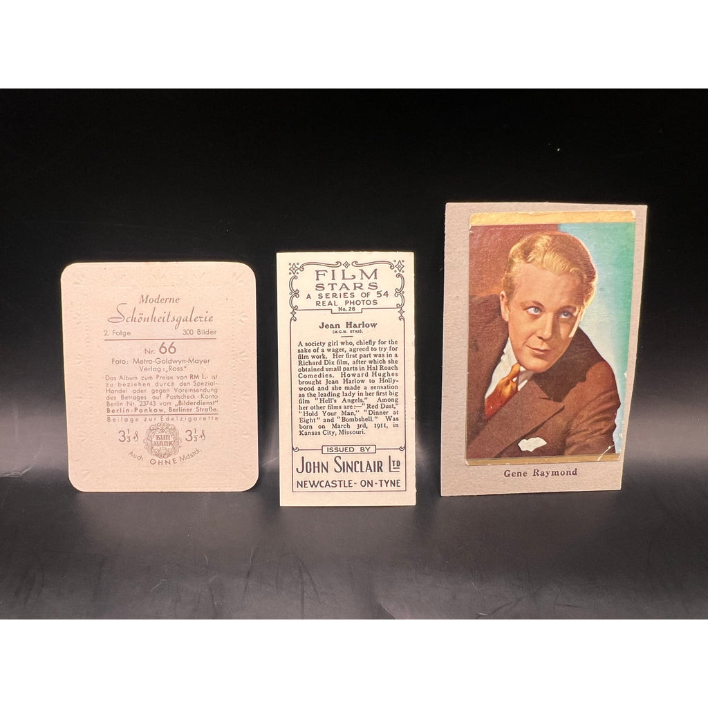 3 RARE 1930s Jean Harlow Cards Garbaty, John Sinclair, Hollywood Platinum Blond, Dinner at Eight, Wive Vs Secretary, Public Enemy, Riff Raff