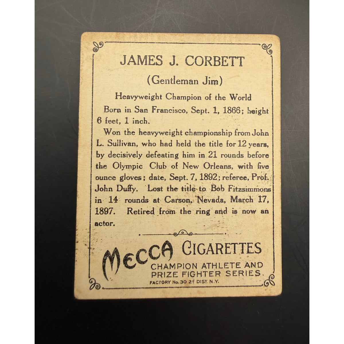 1910 T220 Champions Mecca James Corbett Boxing Card Gentleman Jim World Champion