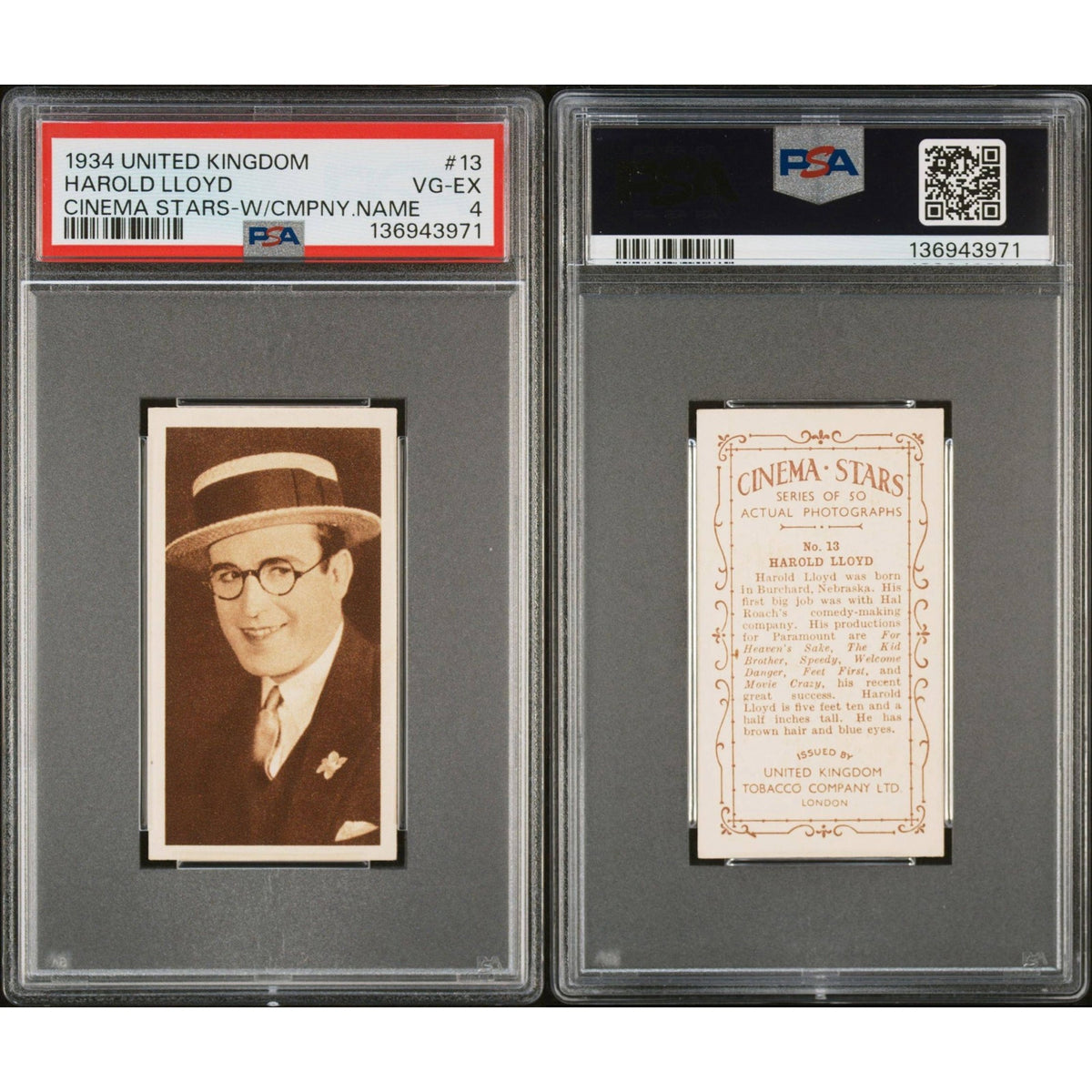 RARE 1934 United Kingdom Tobacco Harold Lloyd PSA 4, Only 5 Graded! Safety Last, Freshman, Girl Shy, Speedy, Slilent Film, Hollywood