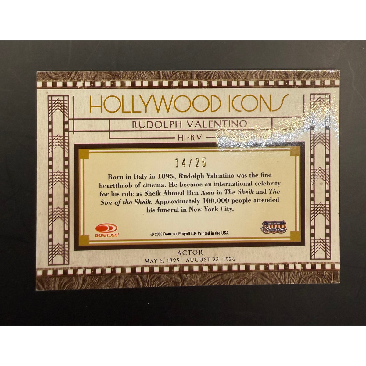 2008 Donruss Hollywood Icons Rudolph Valentino Card 14/25, The Sheik, Cobra, Blood and Sand, Four Horsemen of the Apocalypse, Sainted Devil