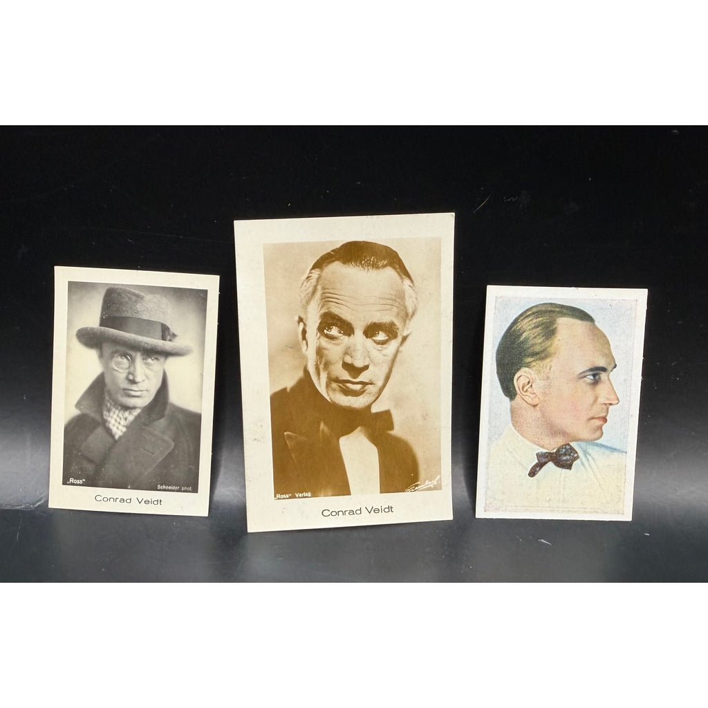 3 Rare 1930s Conrad Veidt Cards Count Kostia, Dr. Caligari, Rasputin, Casablanca, Man Who Laughs, Hollywood, Thief of Bagdad, Waxworks