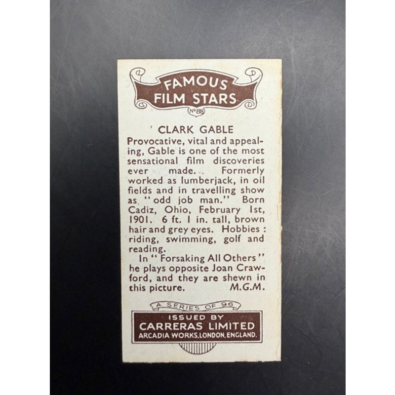 RARE 1935 Carreras Clark Gable, Joan Crawford Tobacco Card Forsaking All Others, Sadie Thompson, Gone with the Wind, Misfits, Hollywood