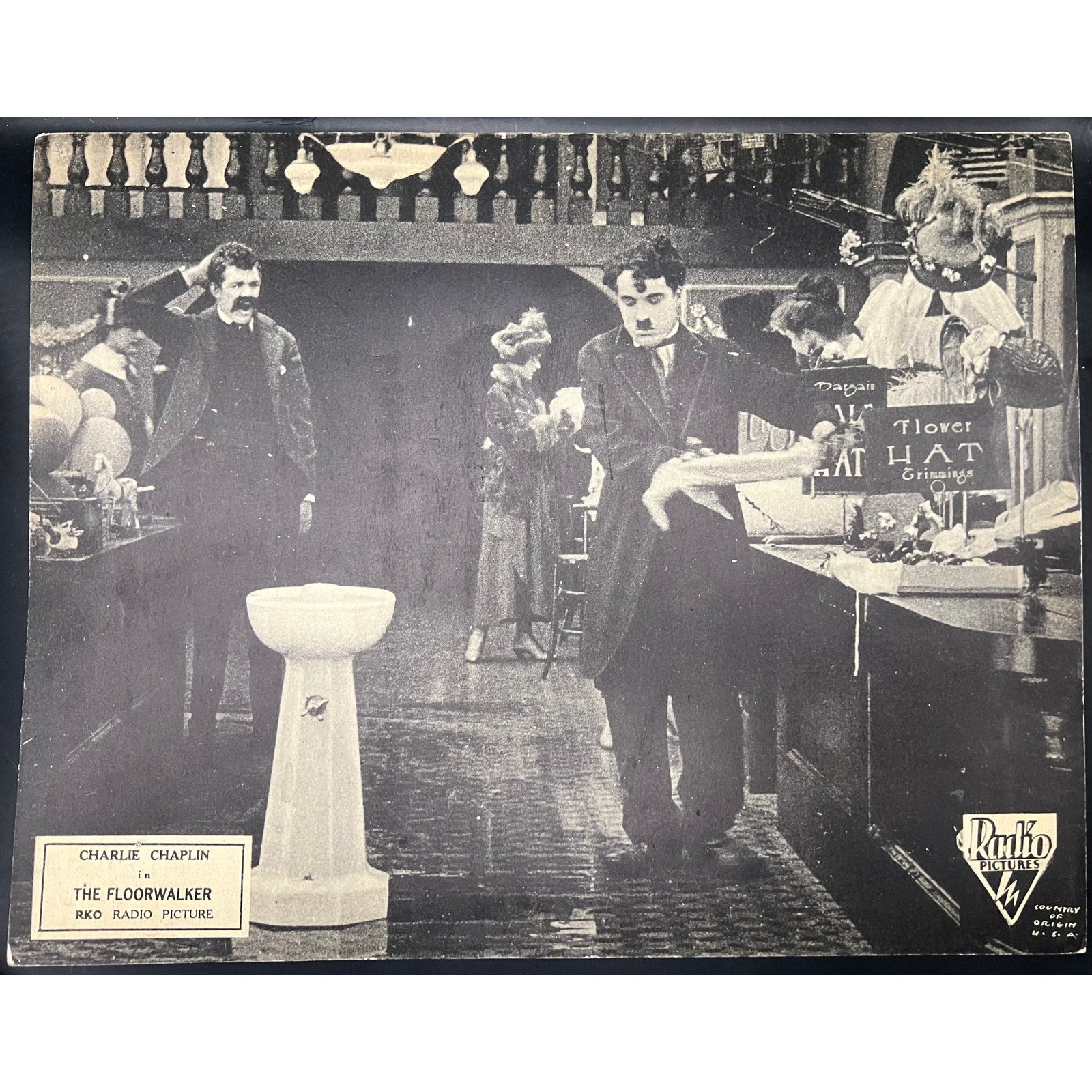 1916 The Floorwalker Charlie Chaplin Lobby Card R 1932 RKO Radio Pictures Tramp Mutual Film, Movie Short Silent Film Lobby Card