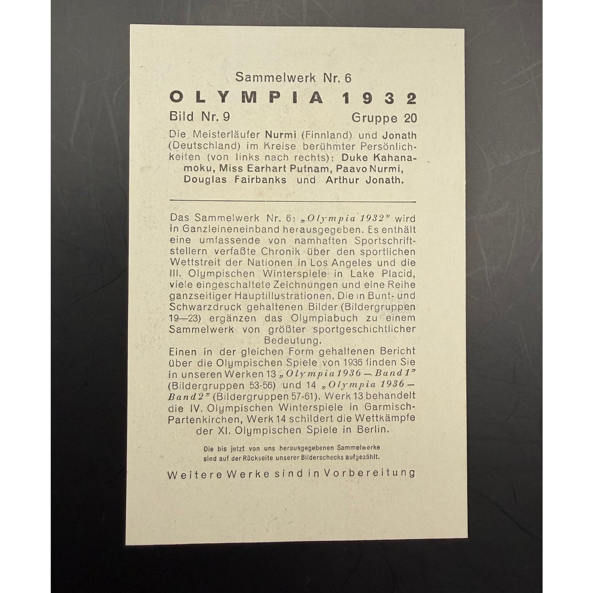 RARE 1936 Olympia Douglas Fairbanks, Amelia Earhart Card Aviation 1932 Olympia