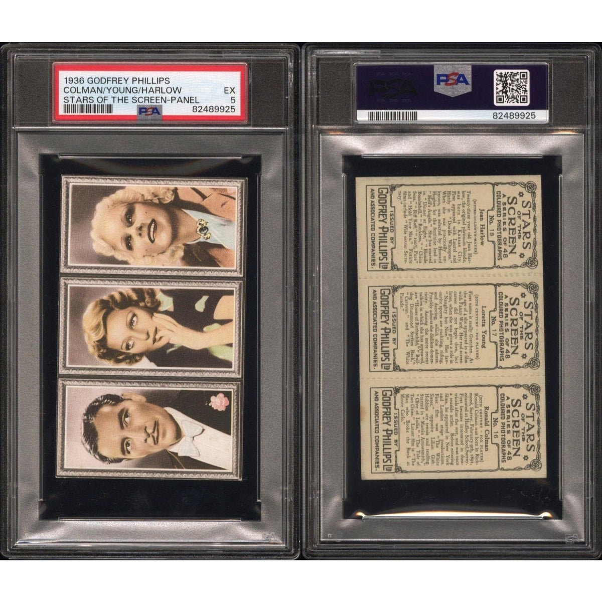 RARE 1936 Godfrey Phillips Stars of the Screen Uncut Panel Ronald Coleman, Loretta Young and Jean Harlow PSA 5 Hollywood Tobacco Card
