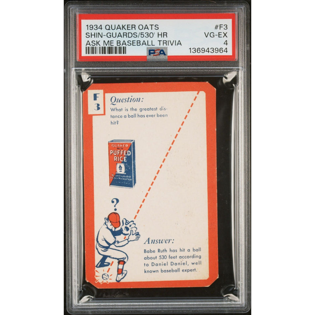 1934 Quaker Oats Babe Ruth PSA 4 New York Yankees 530 Foot HR, Ask Me Baseball Trivia, Brooklyn Dodgers, Bambino, Boston Red Sox