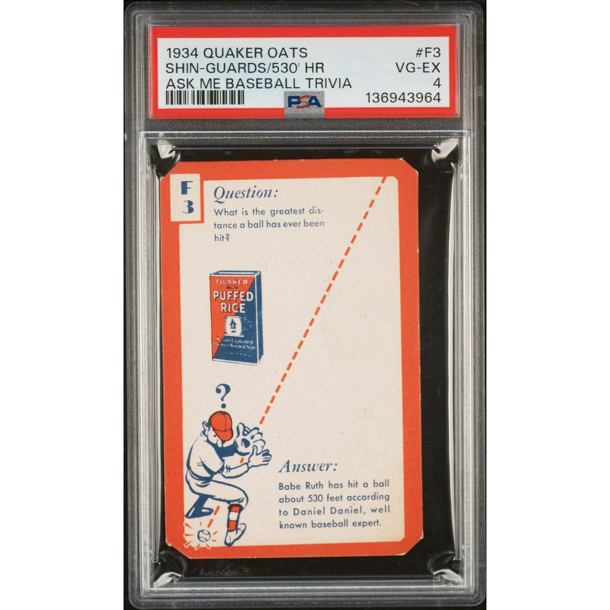 1934 Quaker Oats Babe Ruth PSA 4 New York Yankees 530 Foot HR, Ask Me Baseball Trivia, Brooklyn Dodgers, Bambino, Boston Red Sox