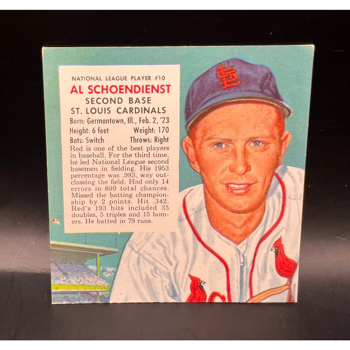 1954 Red Man Al Red Schoendienst St. Louis Cardinals Baseball Card HOF No Tab, MLB, World Champions