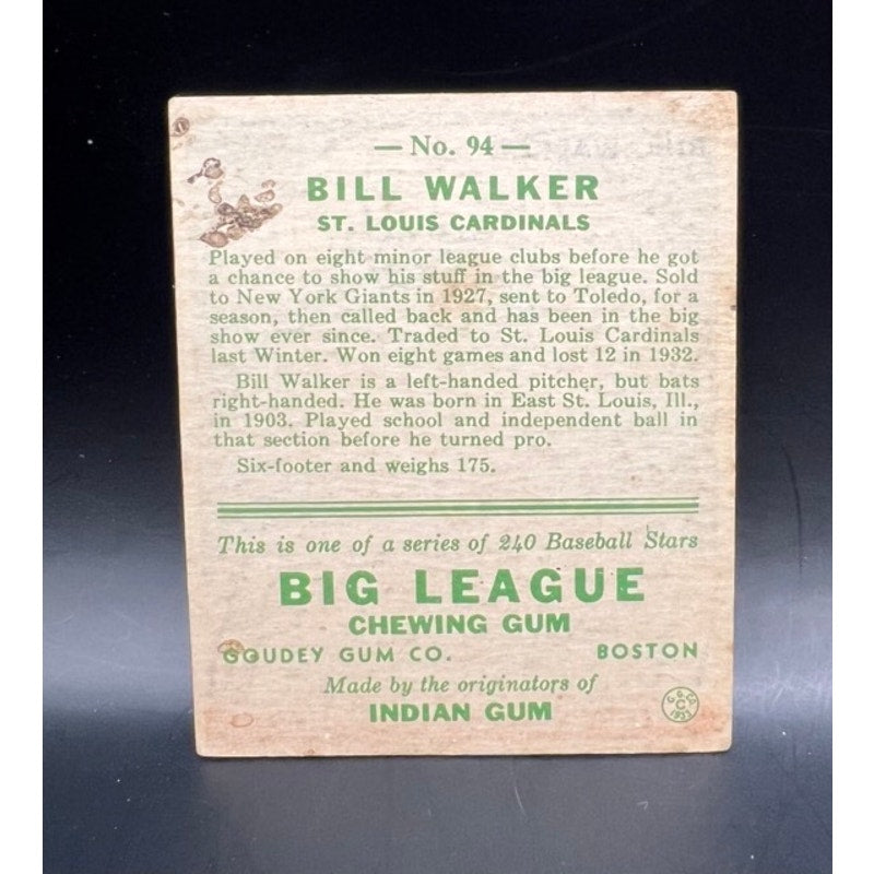 1933 Goudey Bill Walker Card St Louis Cardinals Baseball Card MLB Big League Chewing Gum