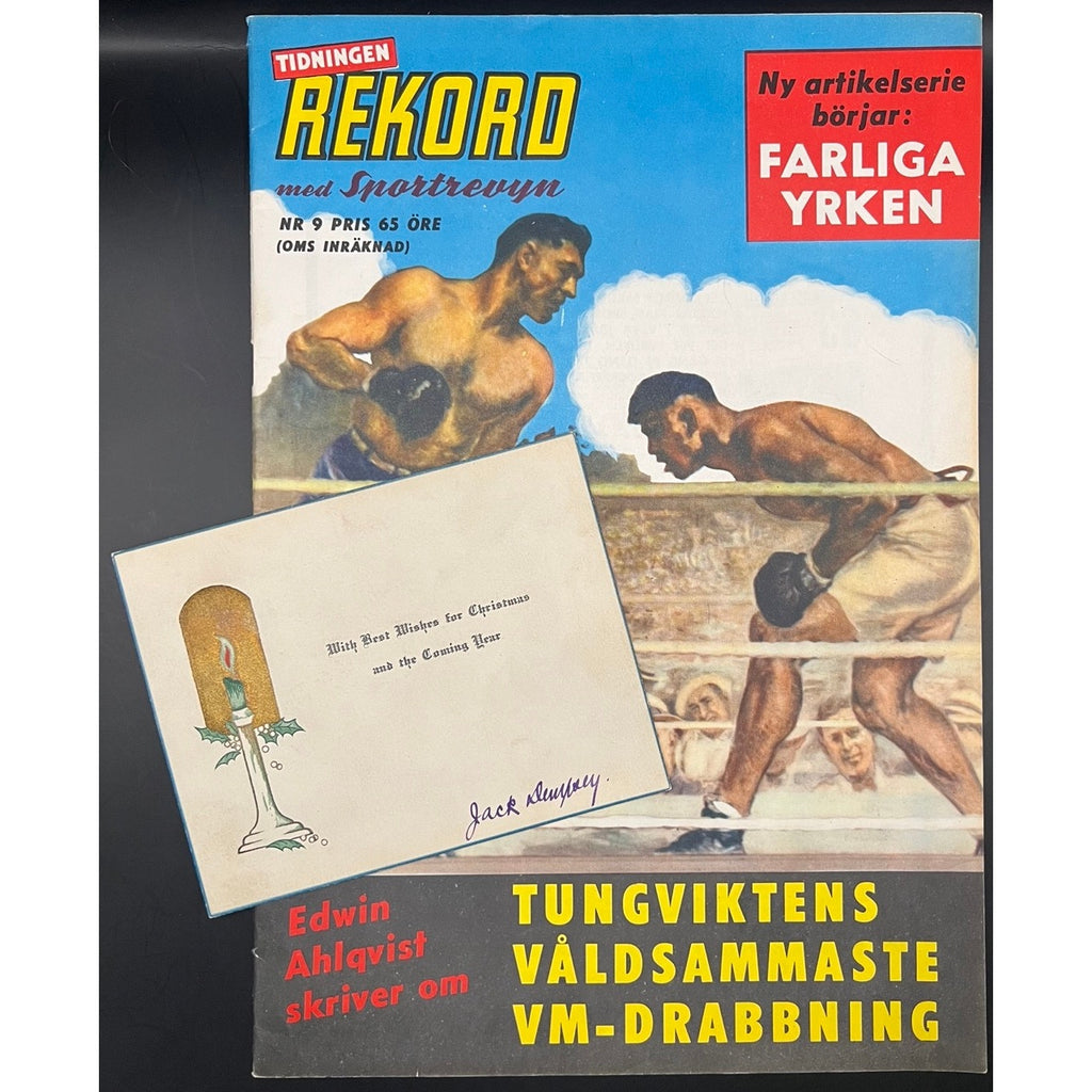 1963 Swedish Rekord Journal Jack Dempsey Magazine w/ Dempsey Autograph Christmas Card, Manassa Mauler