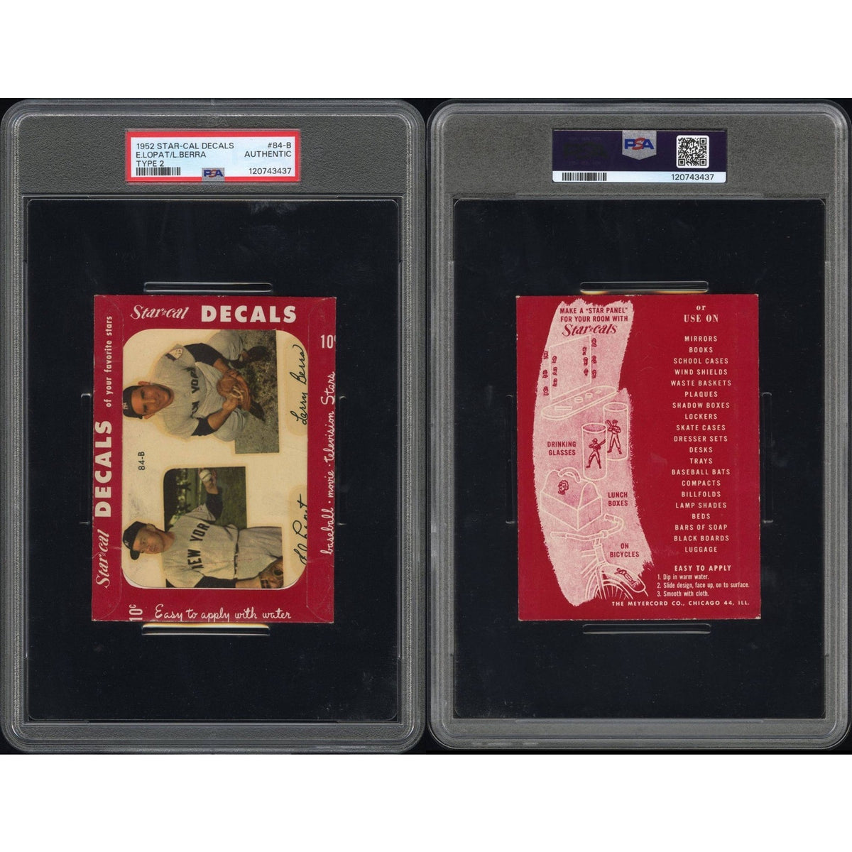 1952 Star Cal Decal Yogi Berra PSA New York Yankees Type 2 Ed Lopat 10 Graded