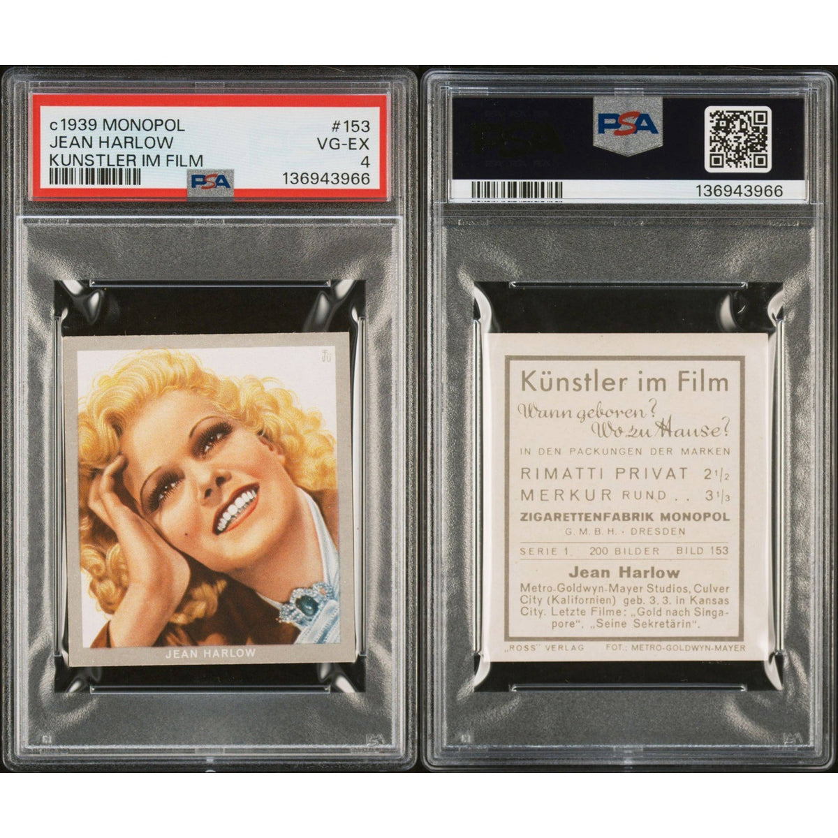 RARE 1939 Monopol Jean Harlow PSA 4, Only 5 Graded! Dinner at Eight, Saratoga, Public Enemy, Riff Raff, Wife vs. Secretary, Hollywood