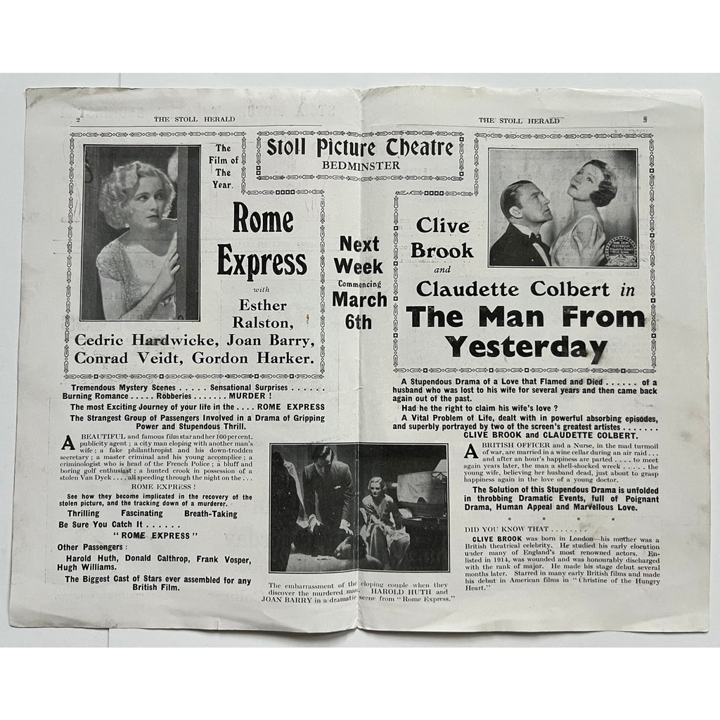 Rare 1932 UK Claudette Colbert and Conrad Veidt Movie Program Bedminster Stoll, Rome Express, The Man from Yesterday, Casablanca