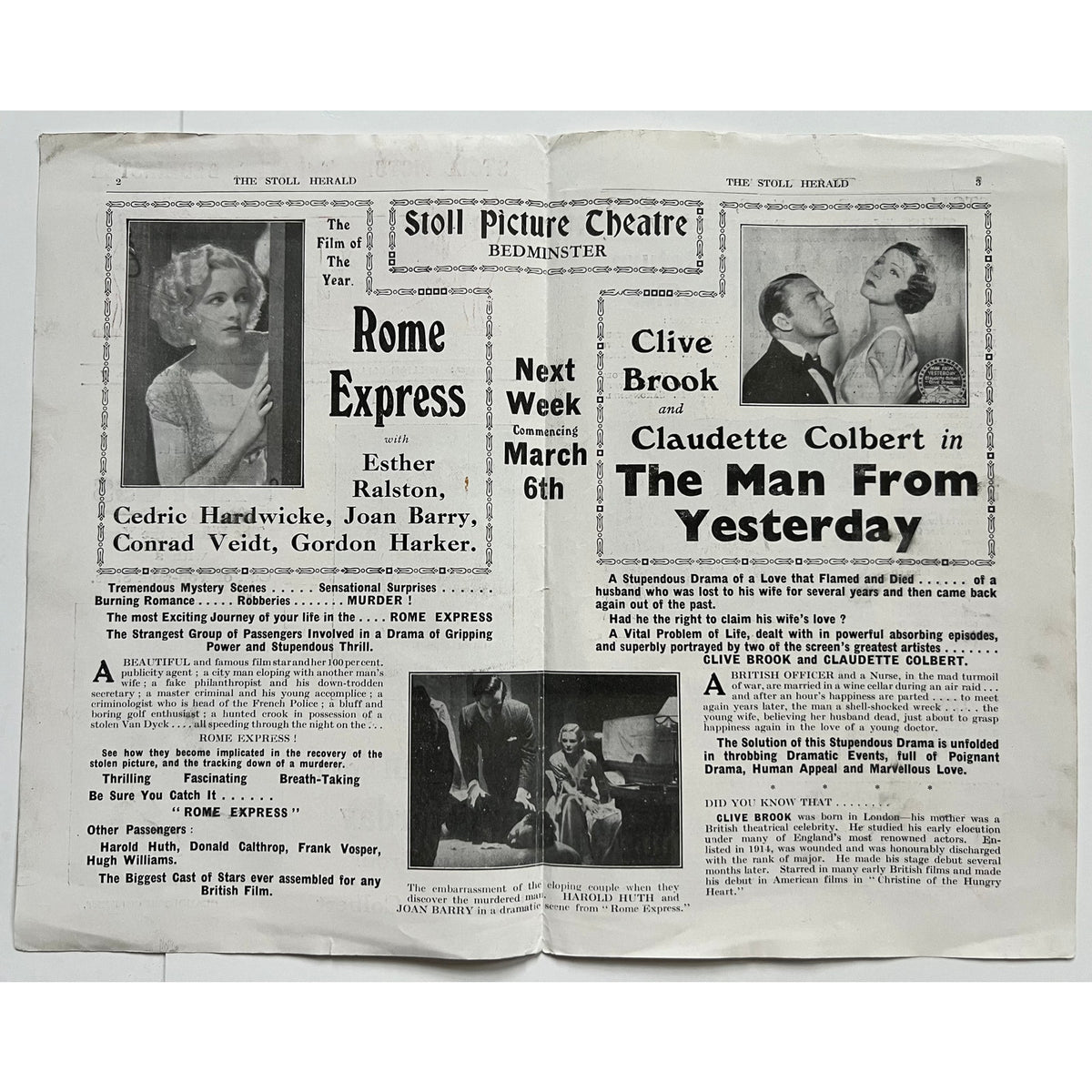 Rare 1932 UK Claudette Colbert and Conrad Veidt Movie Program Bedminster Stoll, Rome Express, The Man from Yesterday, Casablanca