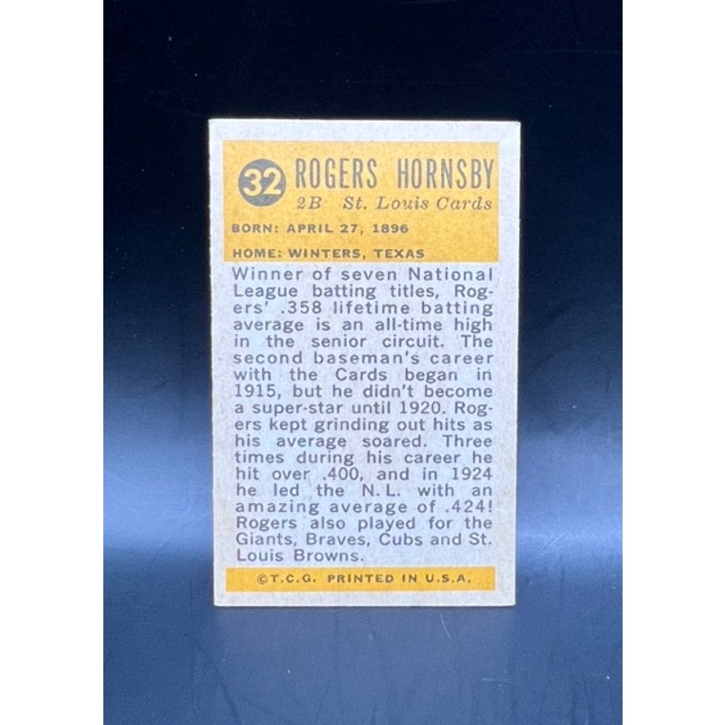 SHARP 1963 Bazooka Rogers Hornsby St. Louis Cardinals, St. Louis Browns Baseball Card HOF, Batting Champ, New York Giants