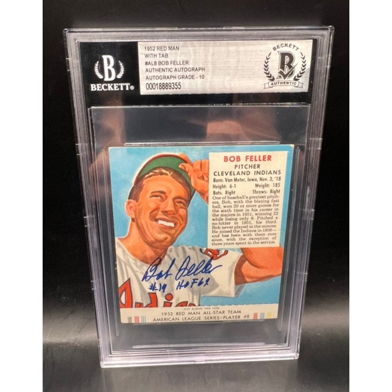 1952 Red Man Bob Feller Auto Becket 10 Inscribed HOF Cleveland Indians, Cleveland Guardians, Baseball Tobacco Card, Bullet Bob, Rapid Robert