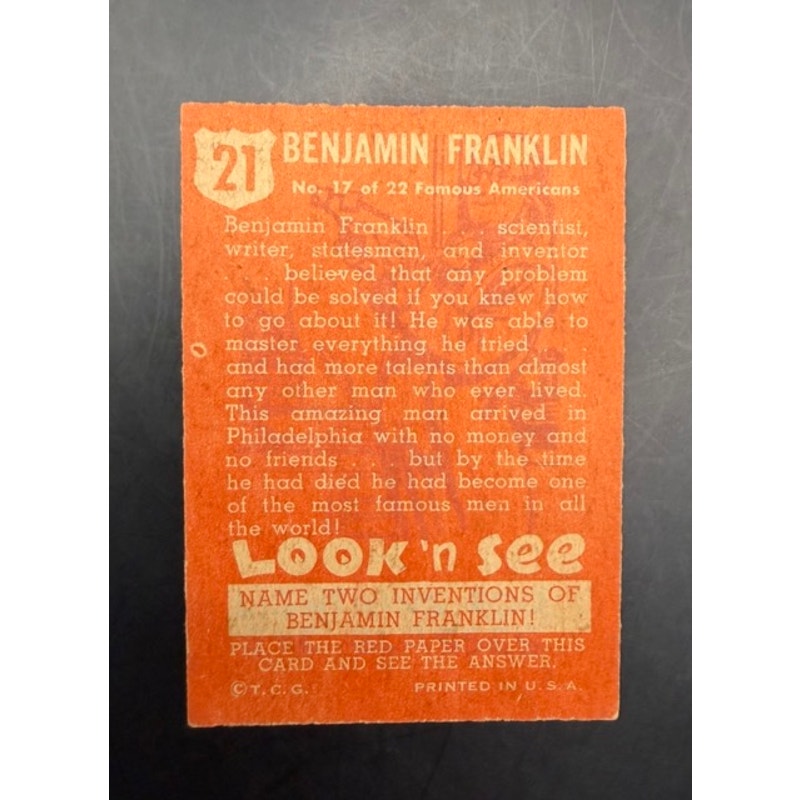 1952 Topps Look N See Benjamin Franklin, US History, Inventor, Statesmen, Writer, Ben Franklin, Philadelphia