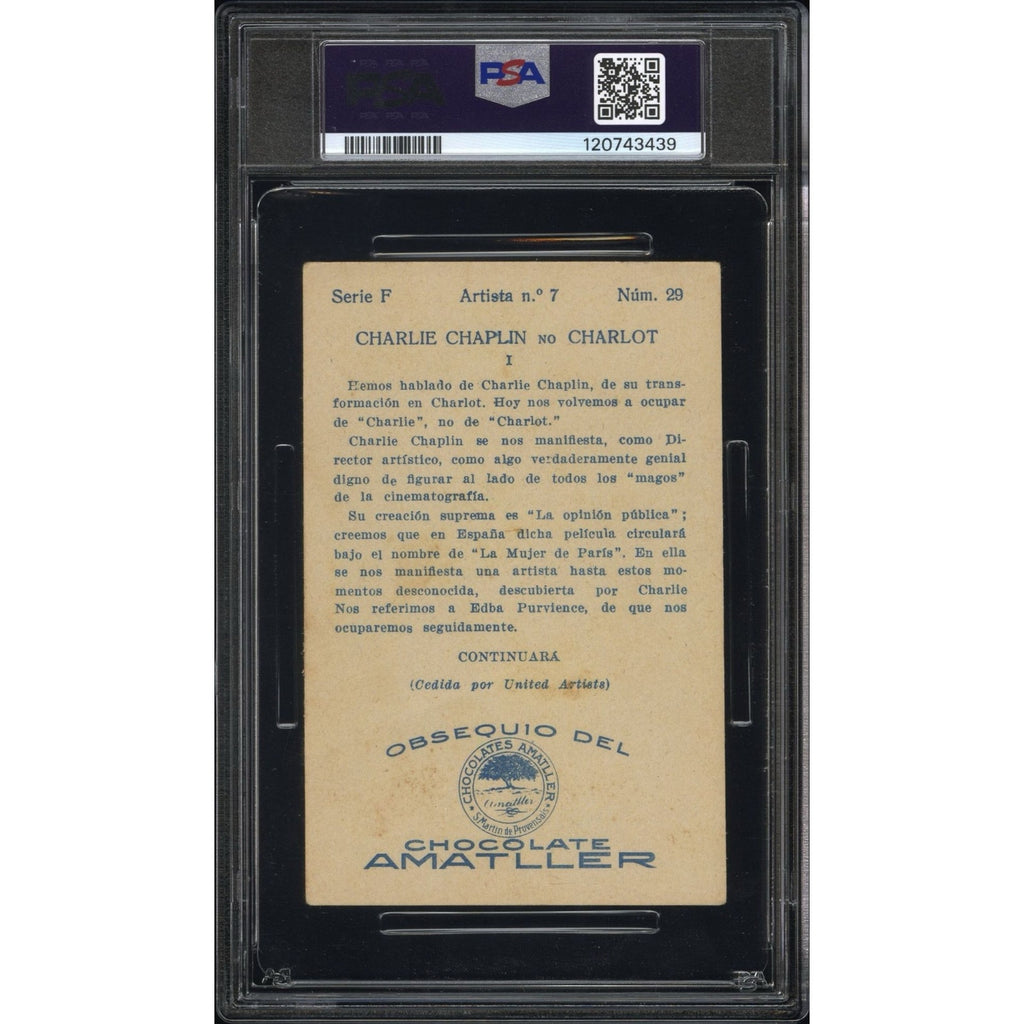 RARE 1920 Chocolate Amatller Charlie Chaplin PSA 3 Highest Grade Series F #29 The Kid, Modern Times, City Lights, Gold Rush, Little Tramp