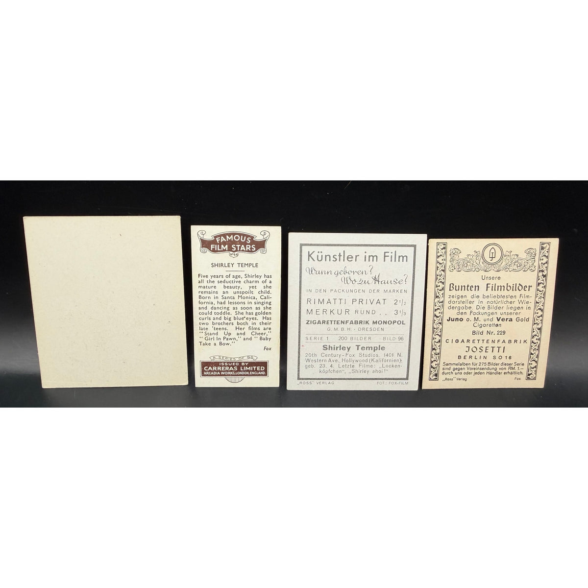 4 Rare 1930s Shirley Temple Cards Little Princess, Little Colonel, Heidi, Curly Top, Hollywood