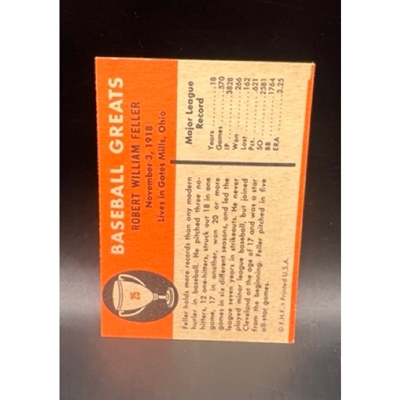 1961 Fleer Baseball Greats Bob Feller Cleveland Guardians Baseball Card MLB HOF